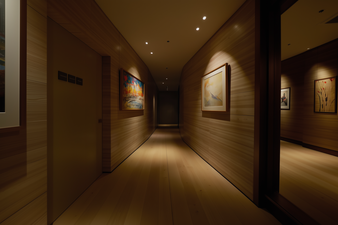 A modern hallway featuring light wood panels and floors, expertly lit by discreet Platinum Max glare-free LED downlights, accentuating framed artwork.