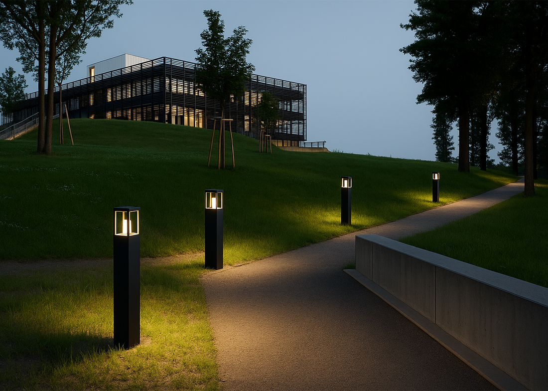 Modern bollard lights in a curved walkway at dusk, adding elegance, safety, and structure to a landscaped outdoor setting.